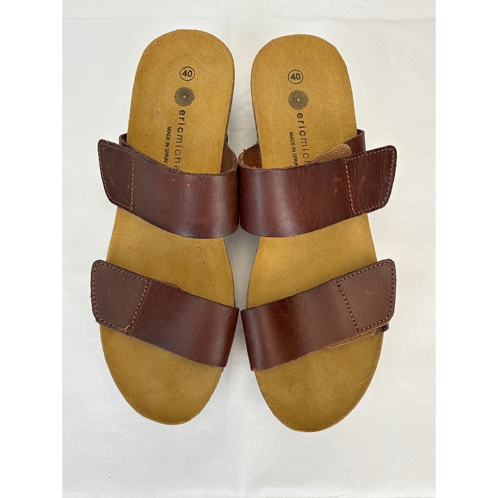 Eric Michael Wedge Sandals Women 40 Brown Leather Slide Cork Made in Spain Boho